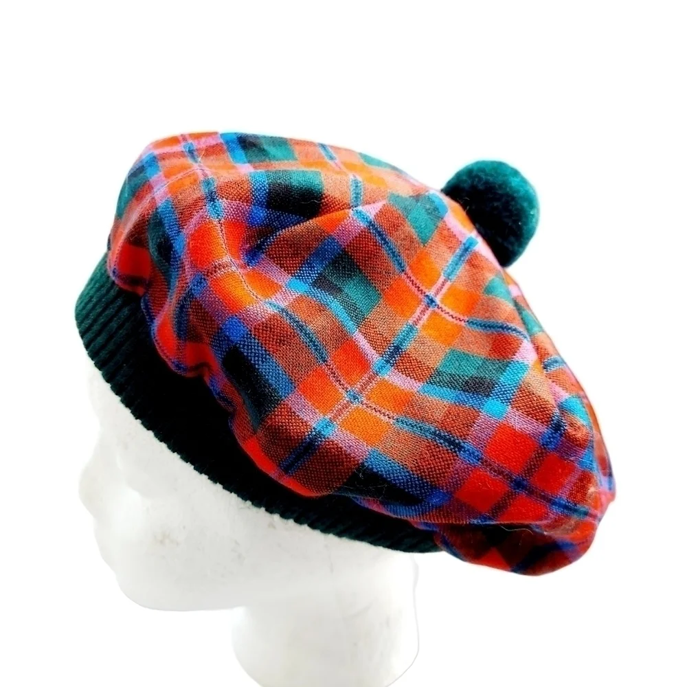 VTG Scottish Tam O'Shanter Beret Pom Pom Plaid 100% Wool Lined Made in Scotland - Picture 12 of 16